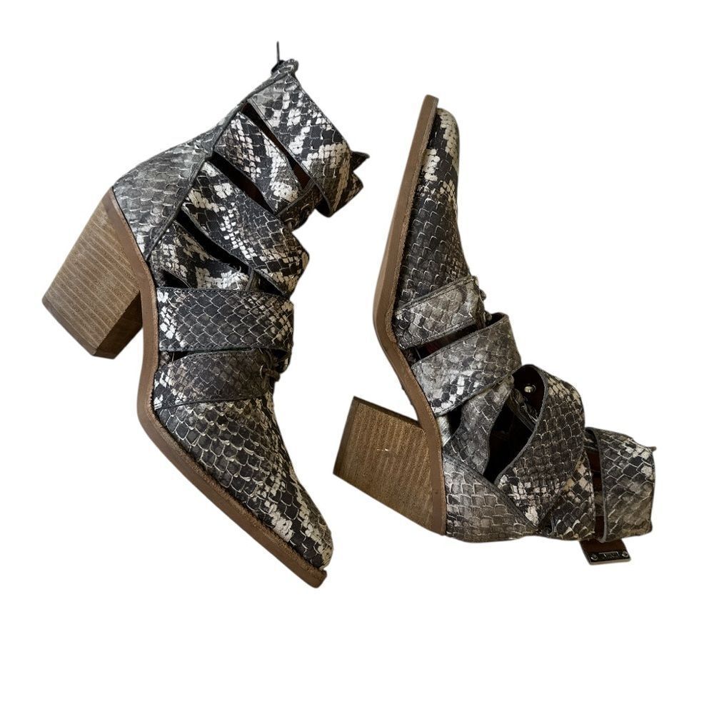 JEFFREY CAMPBELL Snakeskin Buckle Ankle Caceres Bootie in Brown & Grey Snake